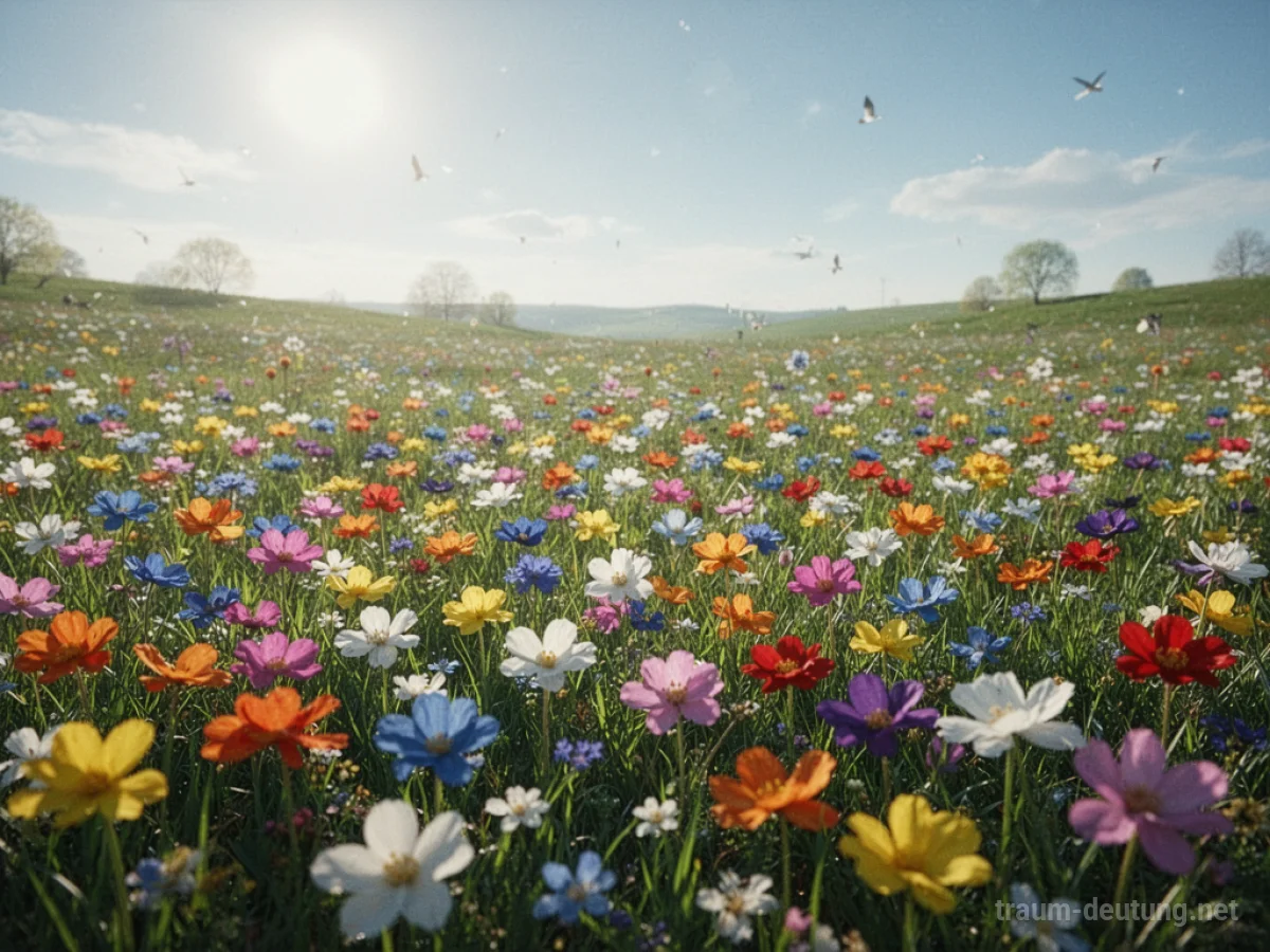 Wiese voller blühender Frühlingsblumen im Sonnenschein