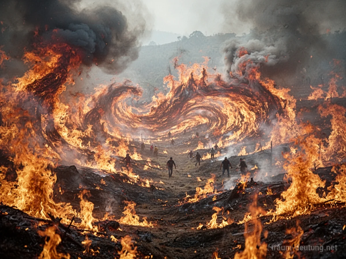 Menschenschatten versuchen, durch ein von Flammen und Rauch erfülltes Inferno zu navigieren.