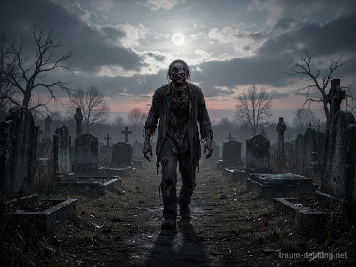Ein Friedhof bei Dämmerung, auf dem eine Schattengestalt eines Zombies langsam umhergeht.