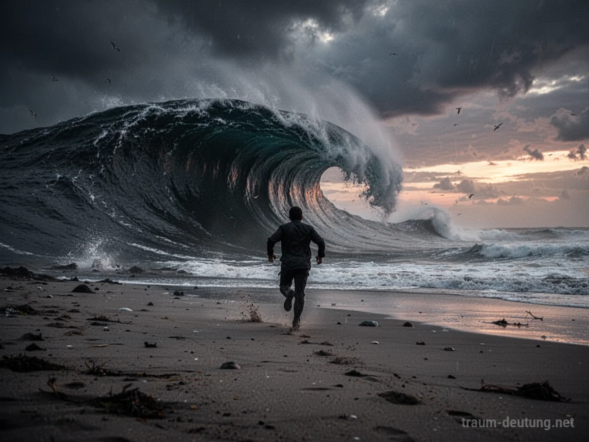Silhouettenhafte Figur rennt vor einer riesigen dunklen Welle davon an einem Strand.