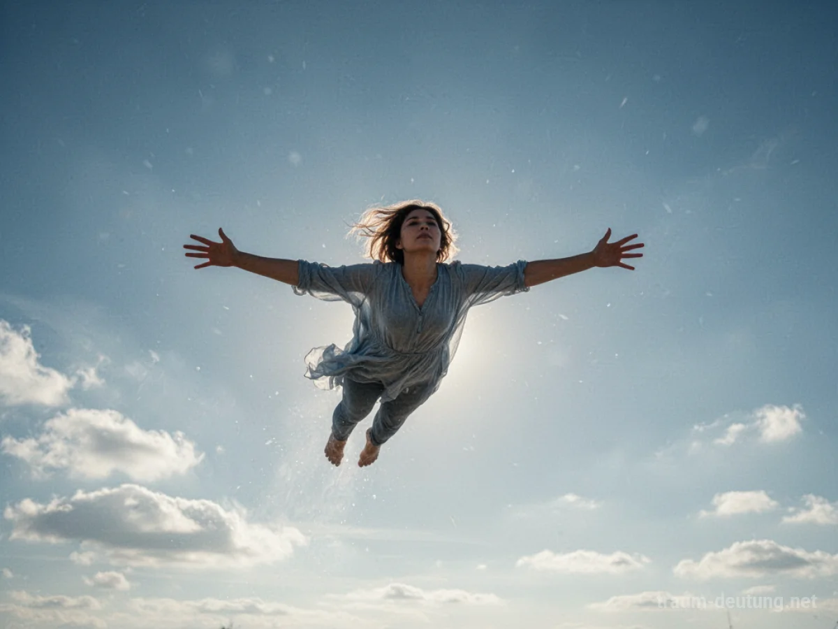 Eine Person fliegt wie ein Vogel durch einen klaren blauen Himmel.