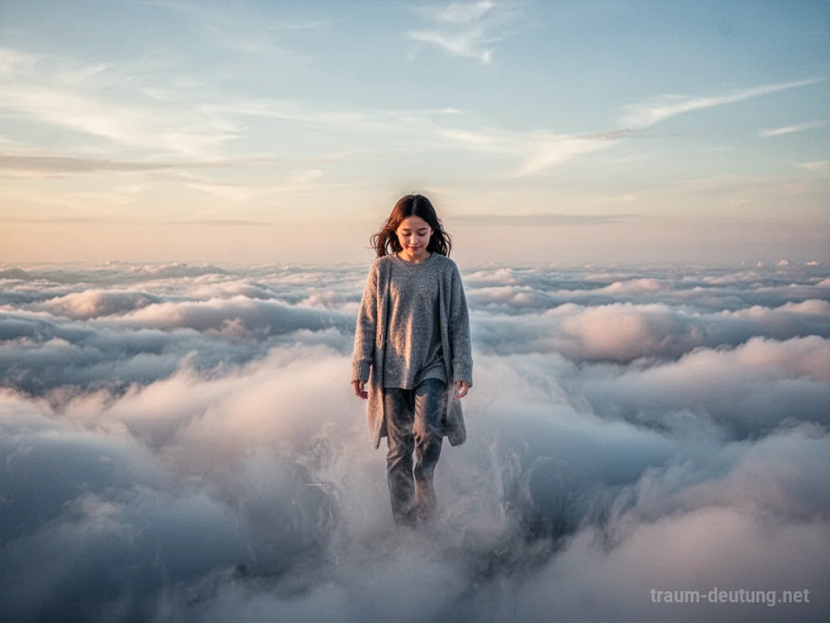 Eine Person schwebt sanft durch Wolken im Himmel.