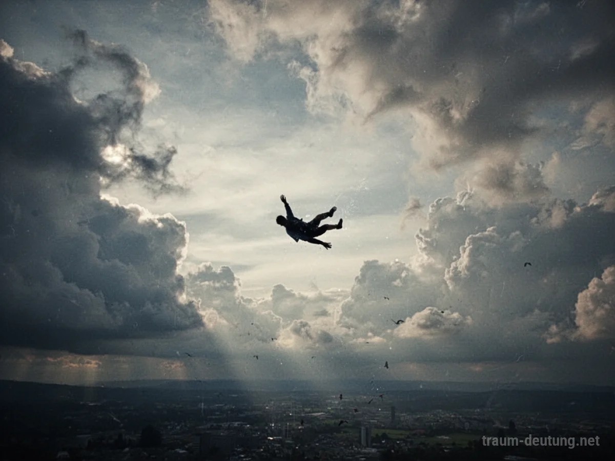 Menschliche Silhouette fällt aus großer Höhe in den Wolken