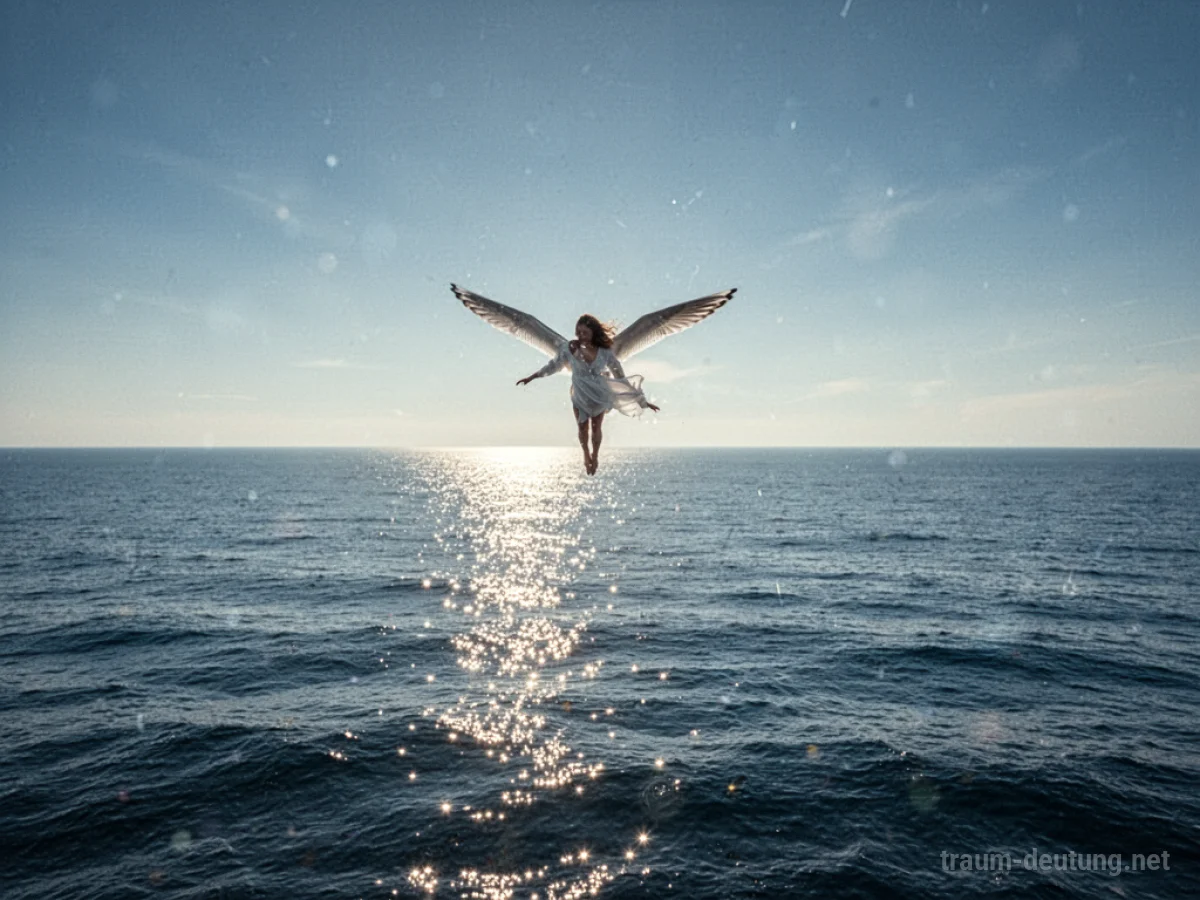 Eine Person fliegt hoch über dem weiten, ruhigen Meer unter klarem Himmel.