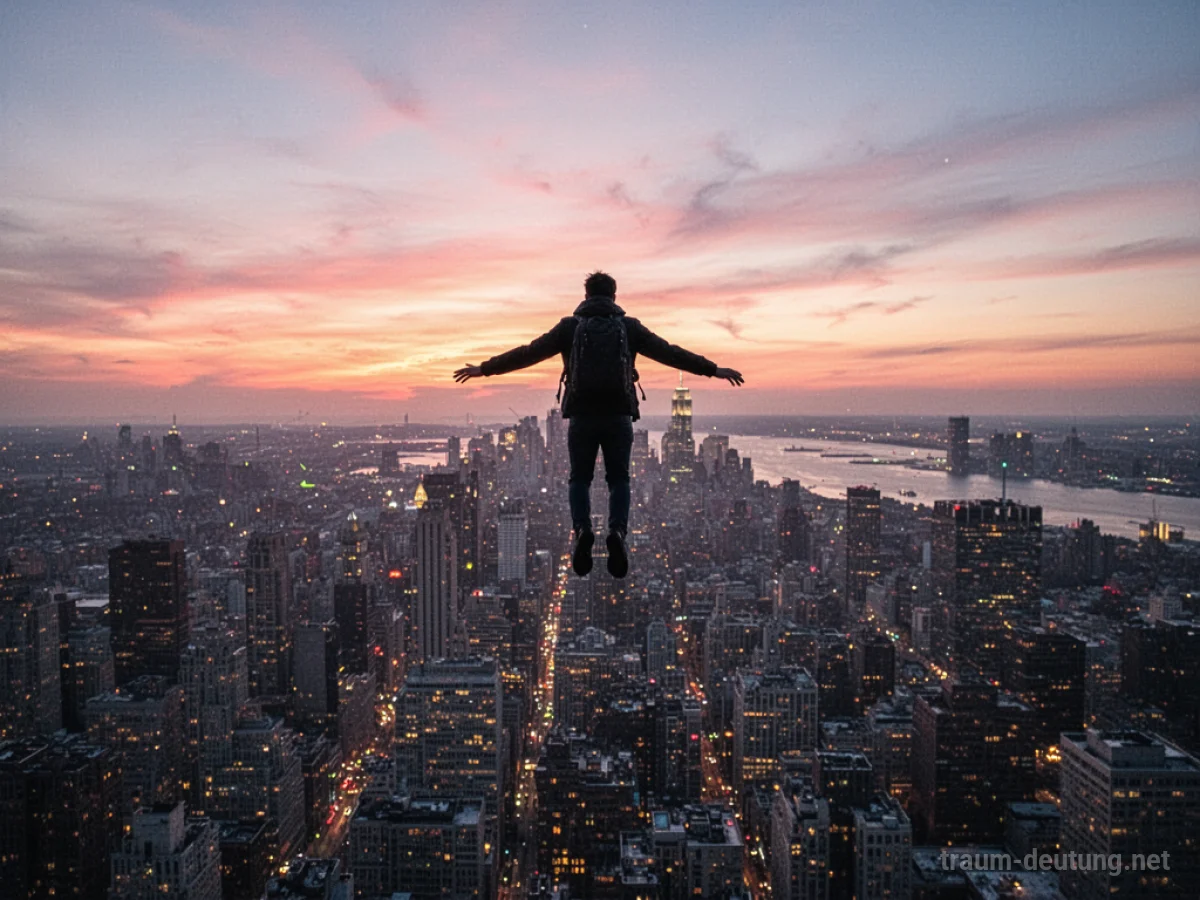 Silhouette einer Person, die über eine Stadt fliegt, mit Lichtern, die unten funkeln.