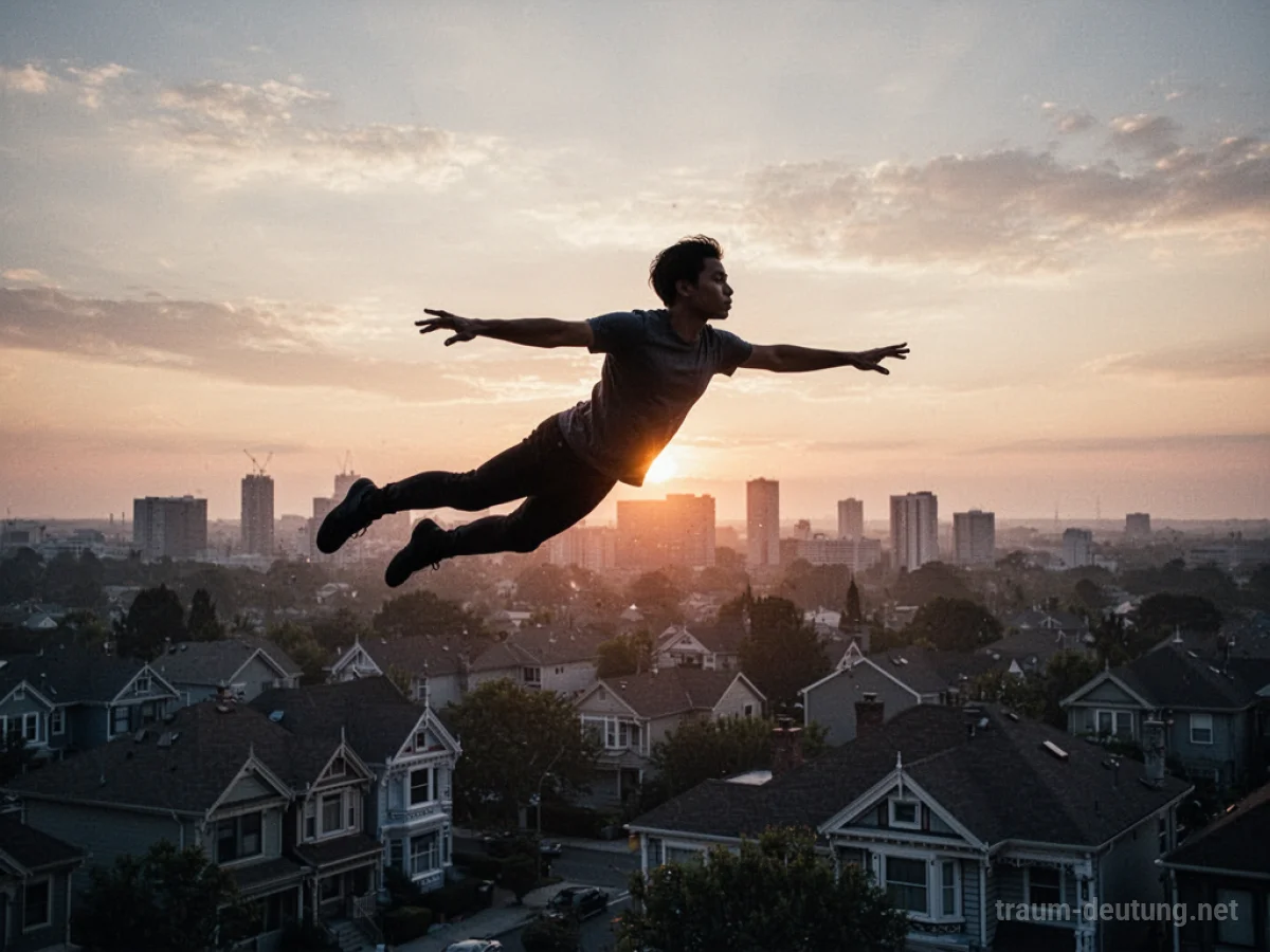 Silhouette einer Person fliegt über Häuser in der Abenddämmerung.