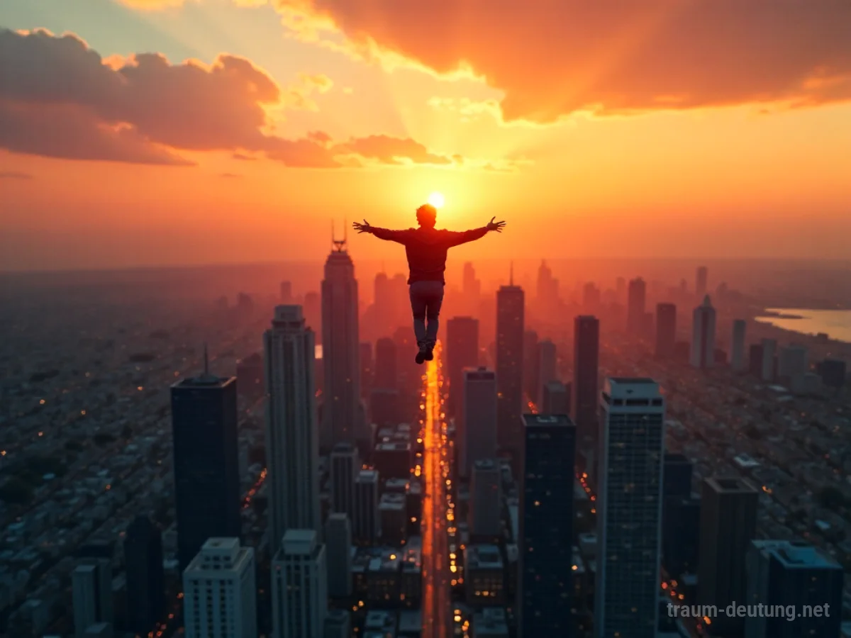 Eine Person fliegt über eine weitläufige Stadt bei Sonnenuntergang.
