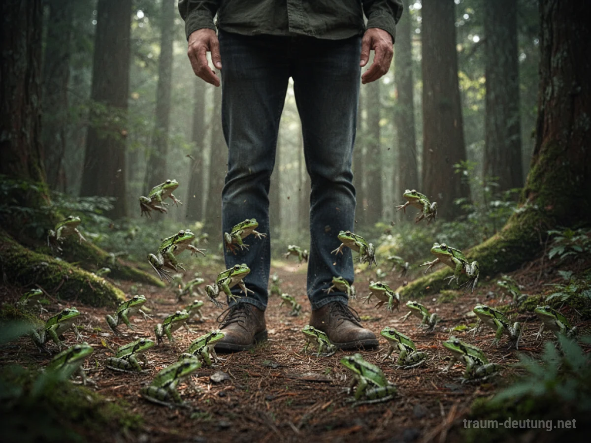 Eine Person steht inmitten vieler Frösche im Wald