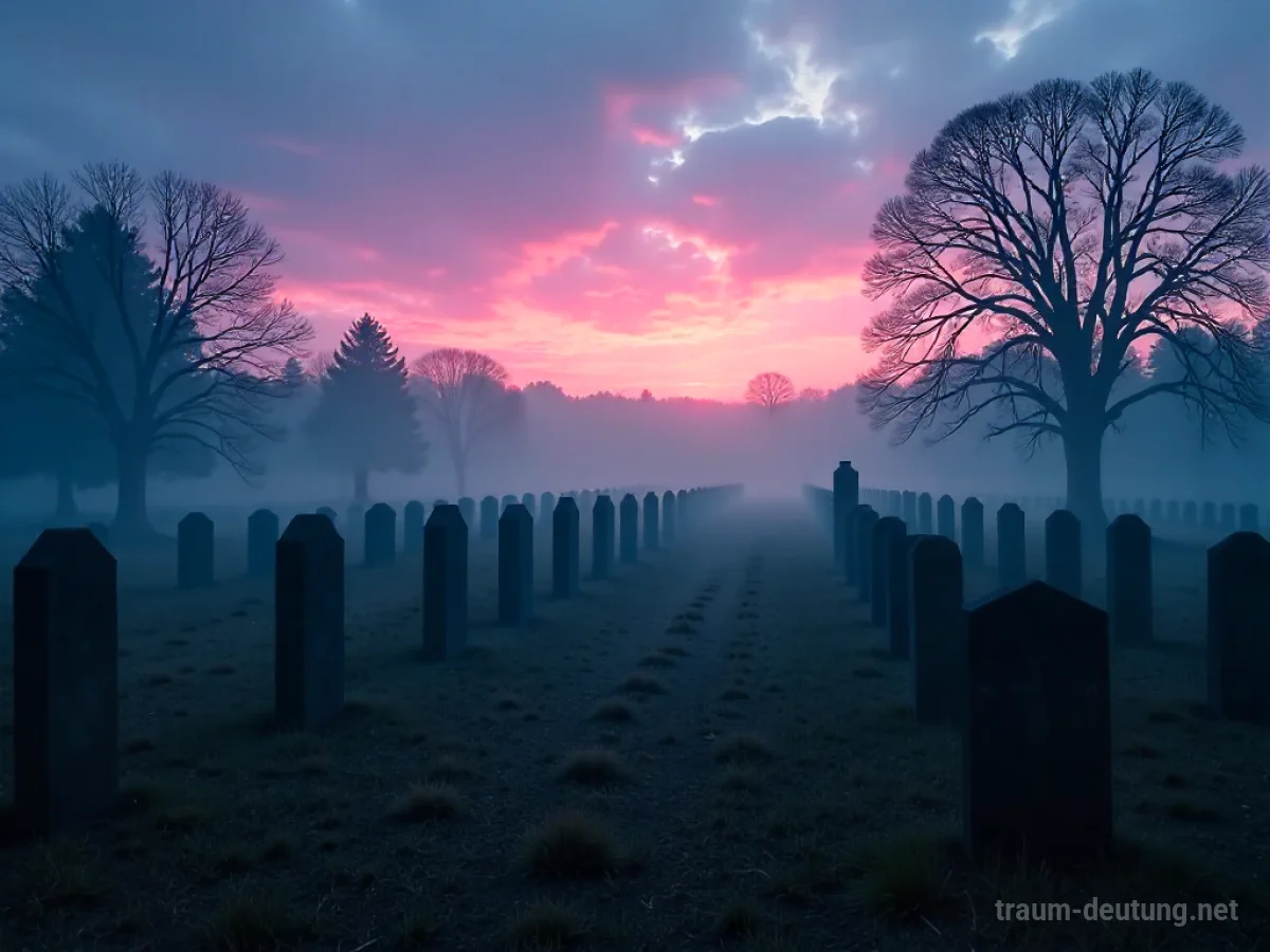 Nebeliger, leerer Friedhof bei Dämmerung