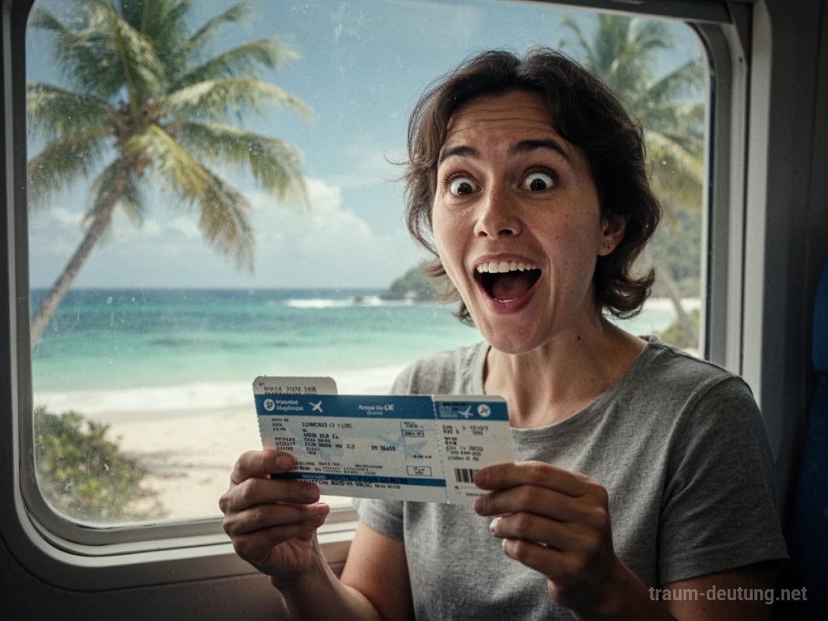 Überraschte Person hält Flugticket mit Strand im Hintergrund