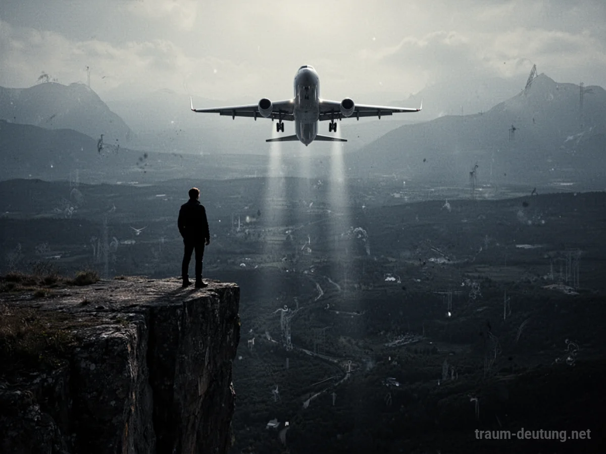 Silhouette einer Person, die auf eine ferne Flugzeugabsturzszene blickt