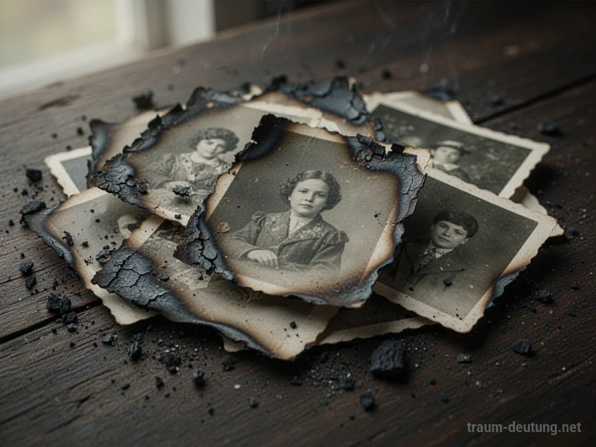 Verbrannte Fotos auf dunklem Holz
