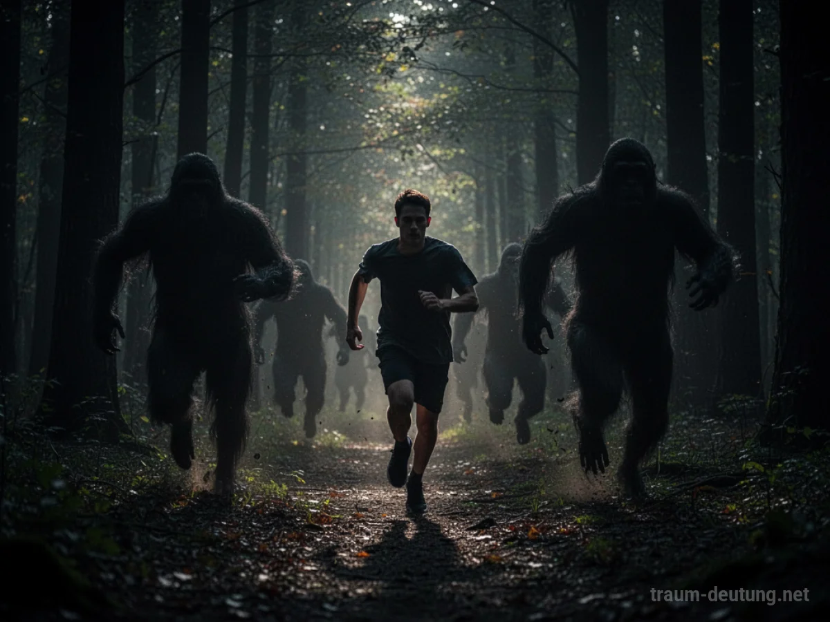 Silhouette einer Person, die durch einen dunklen Wald rennt, verfolgt von unklaren Schatten.