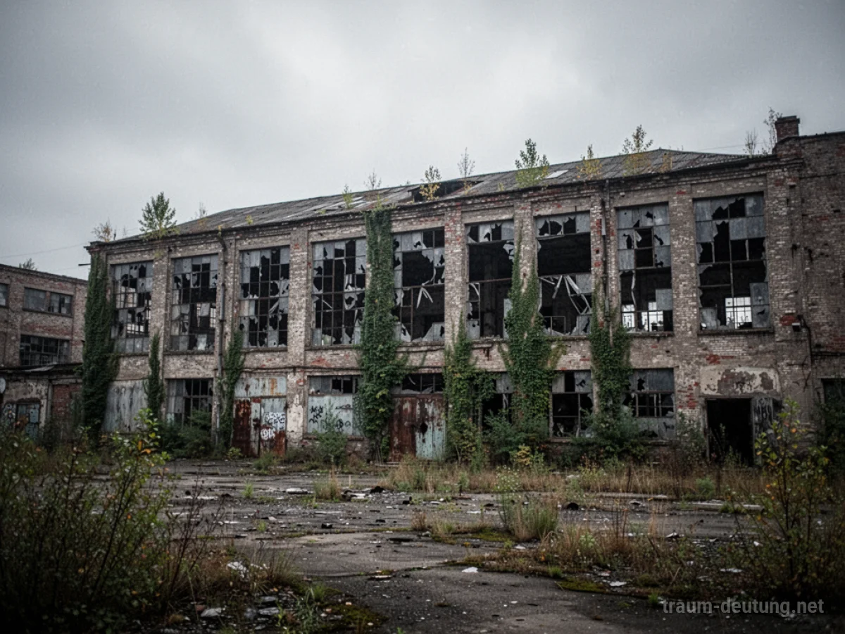 Eine verlassene Fabrik mit zerbrochenen Fenstern und überwucherter Vegetation unter einem grauen Himmel.