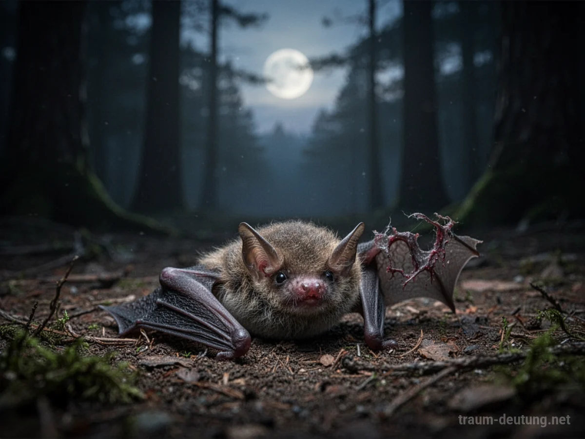 Verletzte Fledermaus liegt im Dunkel eines Waldes auf dem Boden.
