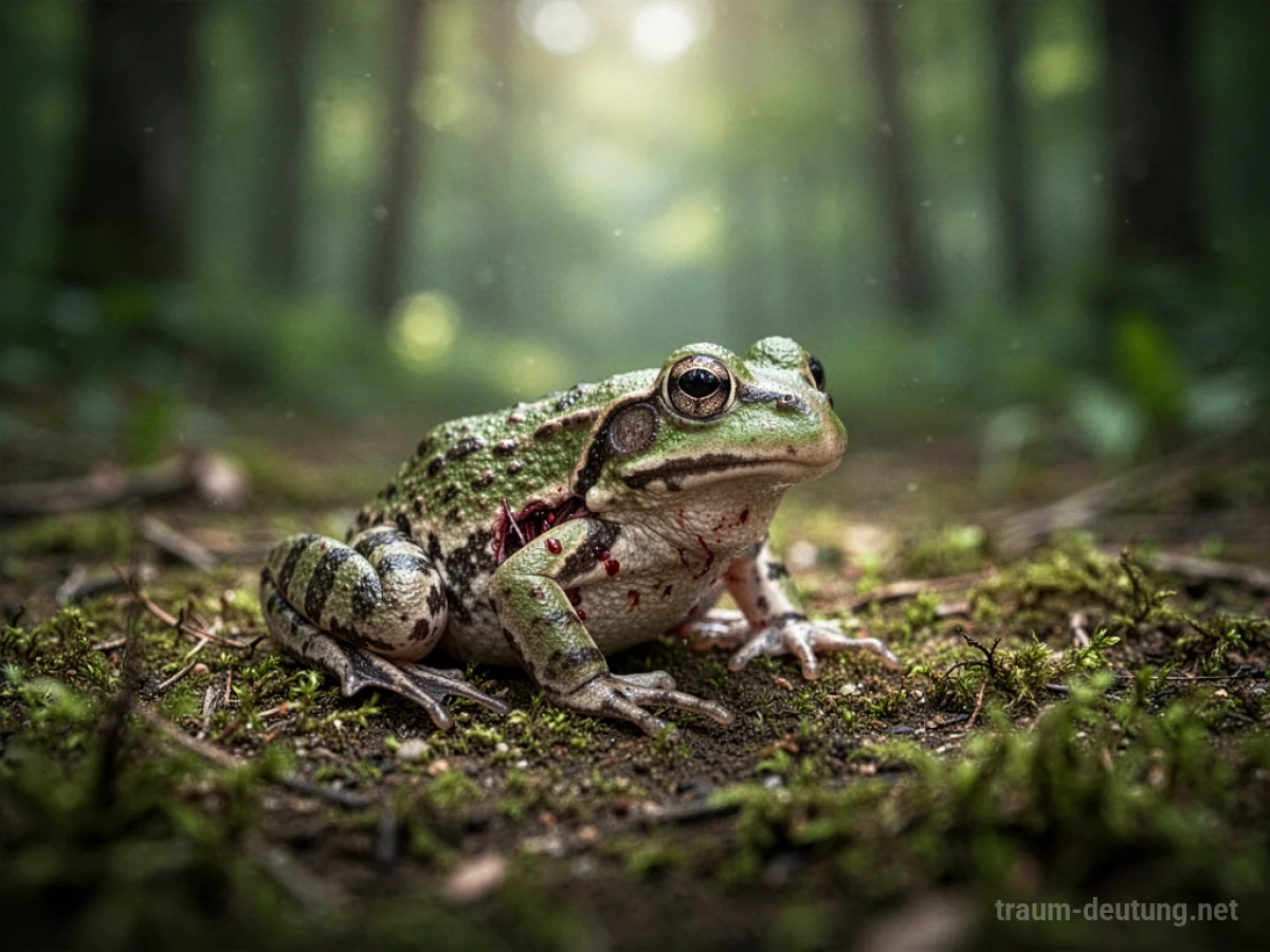 Ein kleiner, verletzter Frosch auf moosigem Waldboden