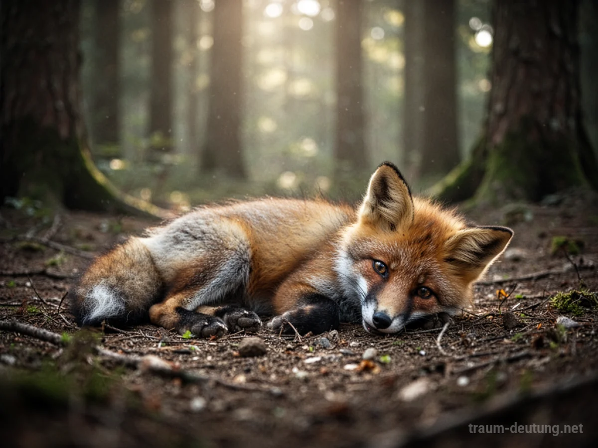 Ein verletzter Fuchs liegt auf dem Waldboden.