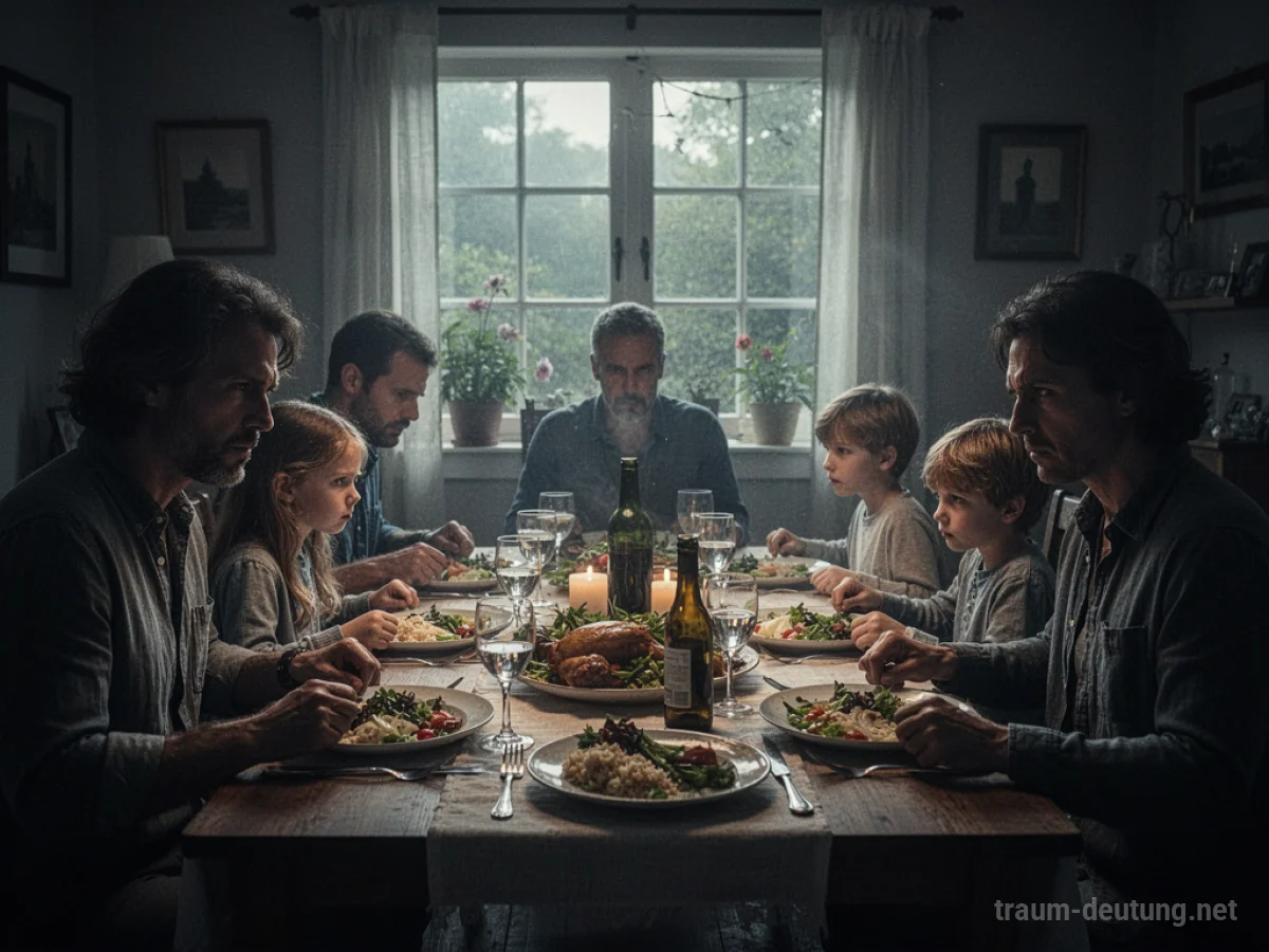 Familie am Esstisch mit angespannter Atmosphäre