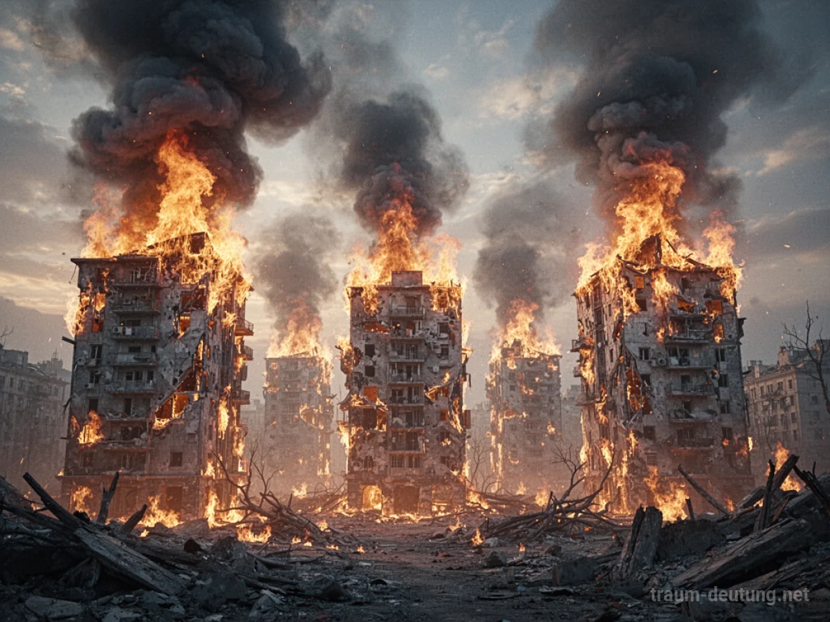 Viele Gebäude stehen in Flammen unter einem rauchigen Himmel