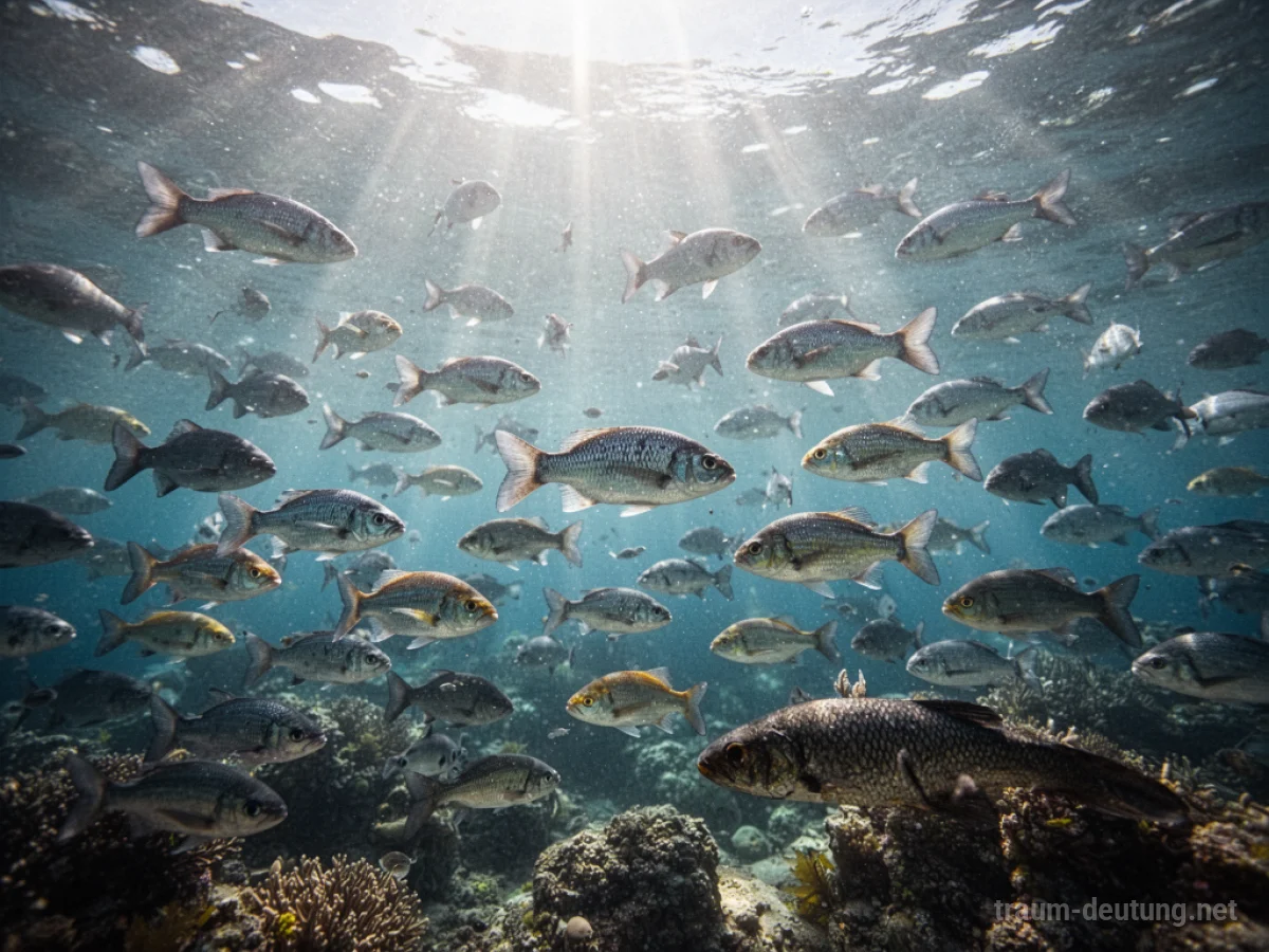Viele bunte Fische schwimmen in klarem Wasser unter Sonnenstrahlen.