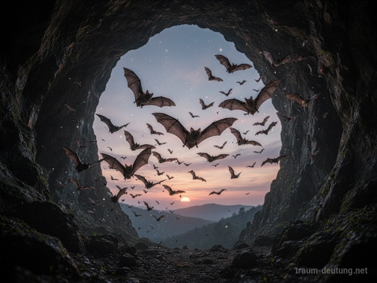 Ein Schwarm Fledermäuse fliegt aus einer dunklen Höhle.