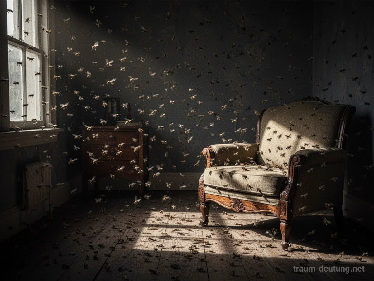 Zimmer voller Fliegen, die Schatten werfen