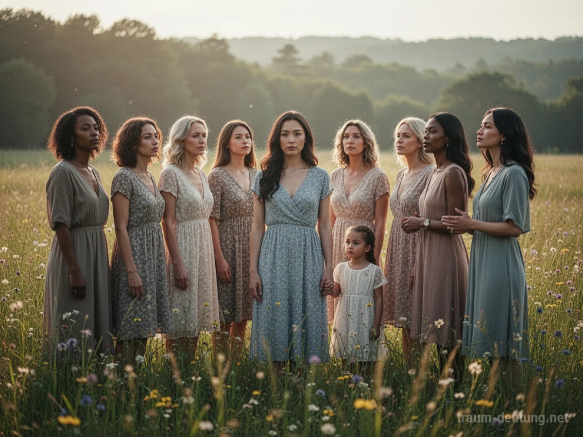 Eine Gruppe von Frauen steht zusammen in einer sonnigen Wiese.
