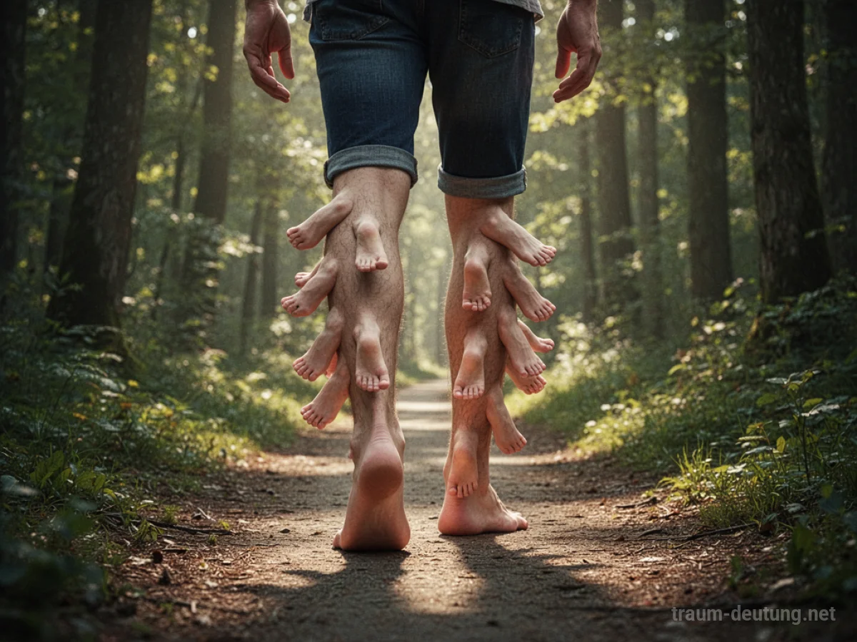 Viele Füße wachsen aus den Beinen einer Person, die auf einem Weg durch einen Wald geht.