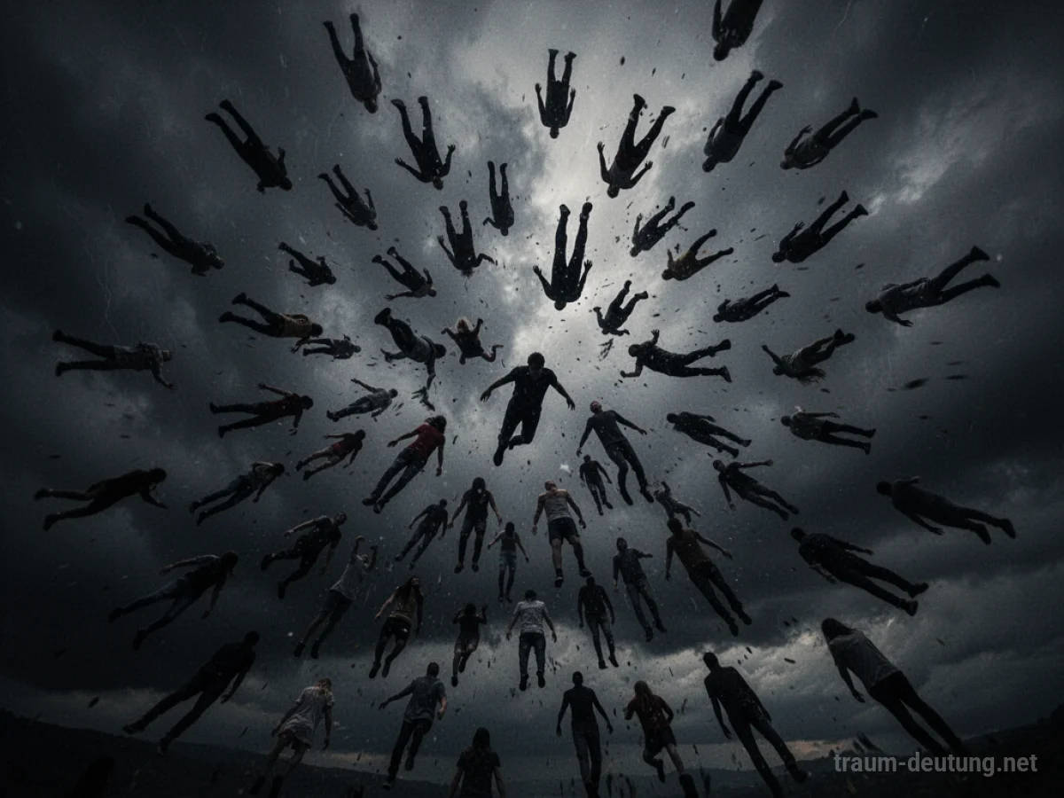 Viele Menschen fallen im Traumkollektiv aus großer Höhe in einen dunklen Himmel.