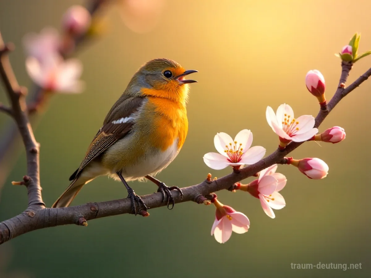 Ein bunter Vogel singt auf einem blühenden Ast im Sonnenschein.
