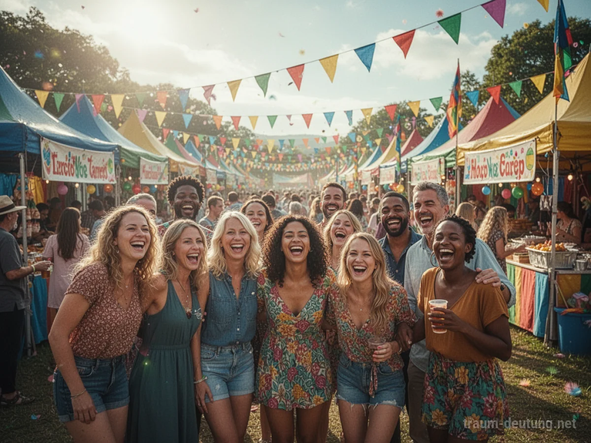 Menschen lachen und feiern auf einem bunten Volksfest im Sonnenschein.