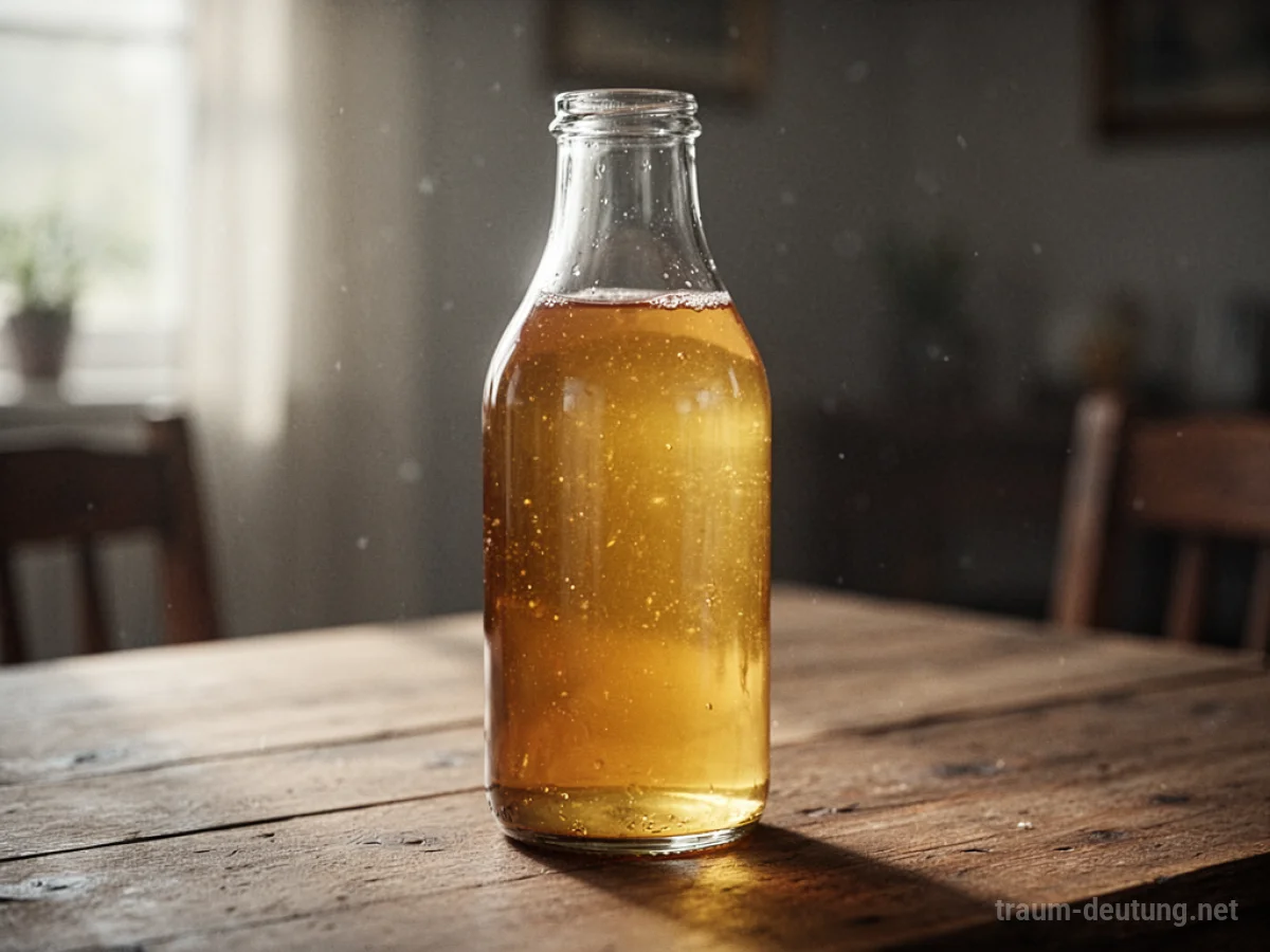 Eine volle Glasflasche mit goldenem Inhalt steht auf einem Holztisch.