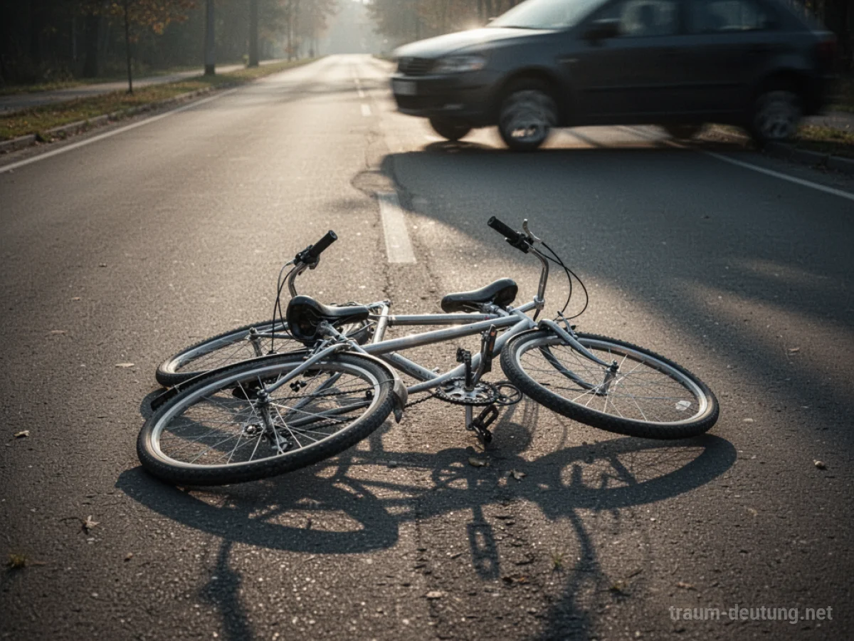 Ein umgekipptes Fahrrad auf der Straße, ein Auto-Schatten im Hintergrund
