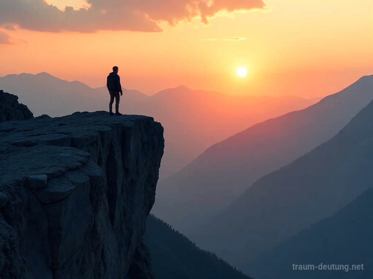Figur am Bergvorsprung blickt in weite Landschaft