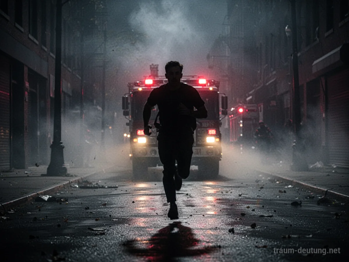 Eine Person flieht durch eine dunkle Gasse, im Hintergrund rote Lichter einer Feuerwehr.