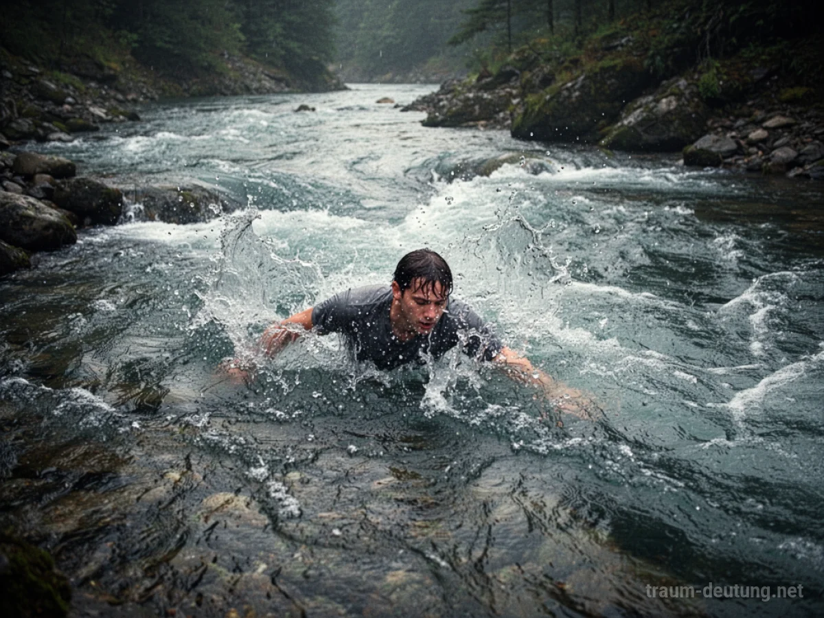 Person wird von einer starken Flussströmung mitgerissen, Wasser spritzt