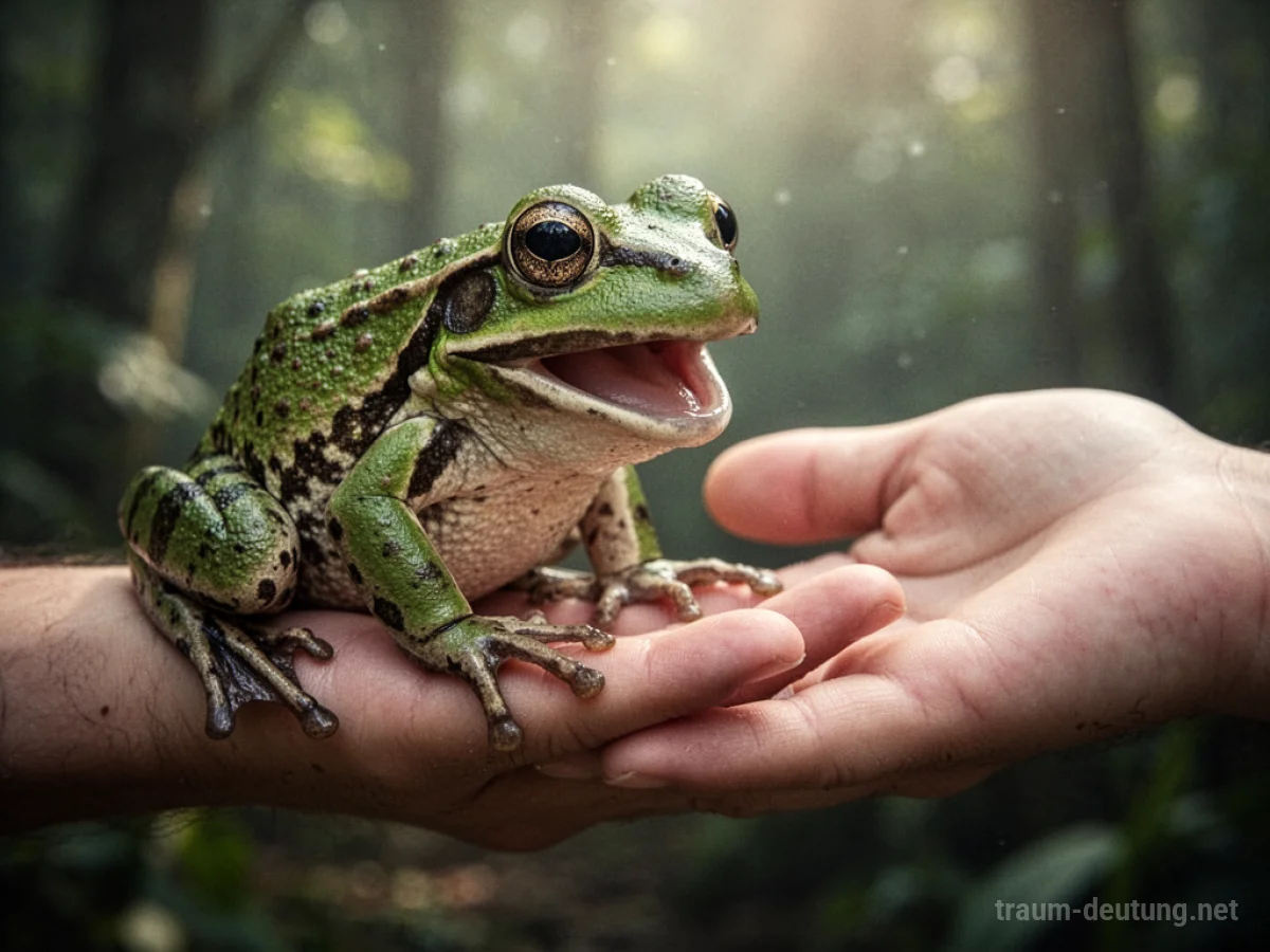 Ein stilisierten Frosch berührt sanft eine menschliche Hand.