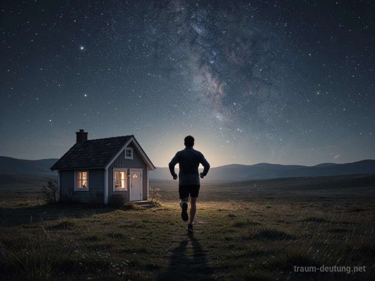 Silhouetten einer Person, die von einem Haus in eine weite Landschaft rennt