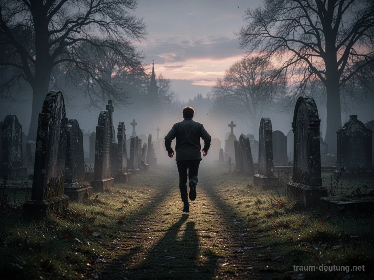 Gestalt flieht über einen nebligen Friedhof im Dunkeln