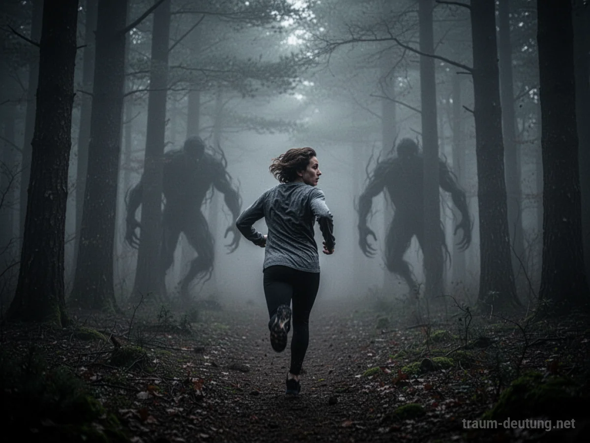 Eine Person rennt durch einen dunklen Wald, verfolgt von unscharfen Schatten.