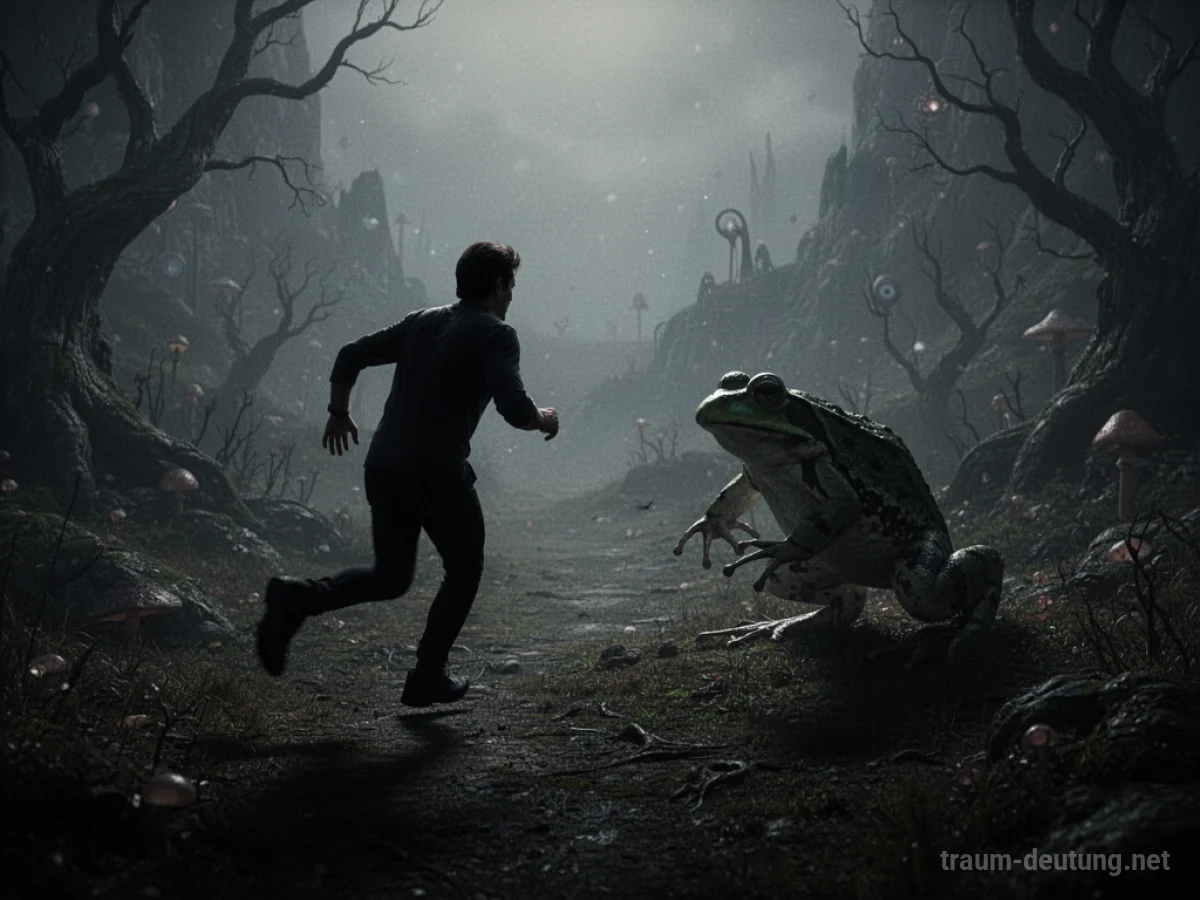 Eine Person flieht vor einem Schatten-Frosch in einer unheimlichen Landschaft.