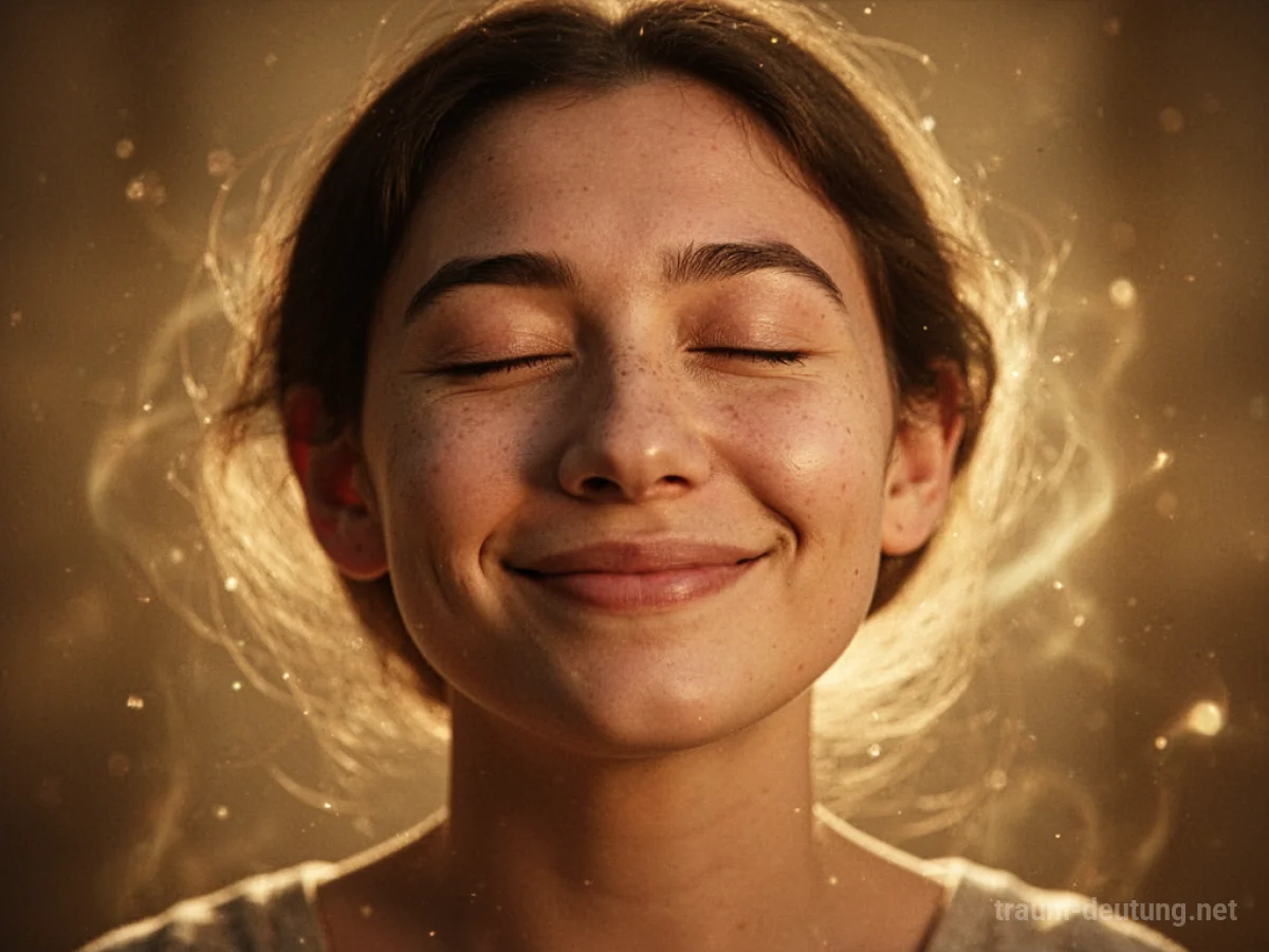 Ein Gesicht, das von einem warmen Licht umgeben ist und ein Lächeln zeigt.