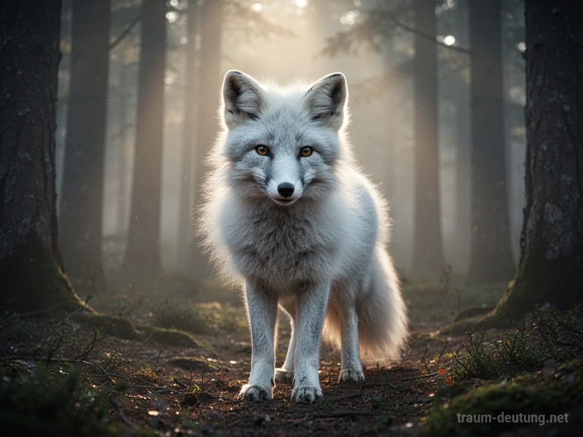 Ein weißer Fuchs steht in einem nebligen Wald, sein Fell leuchtet sanft.