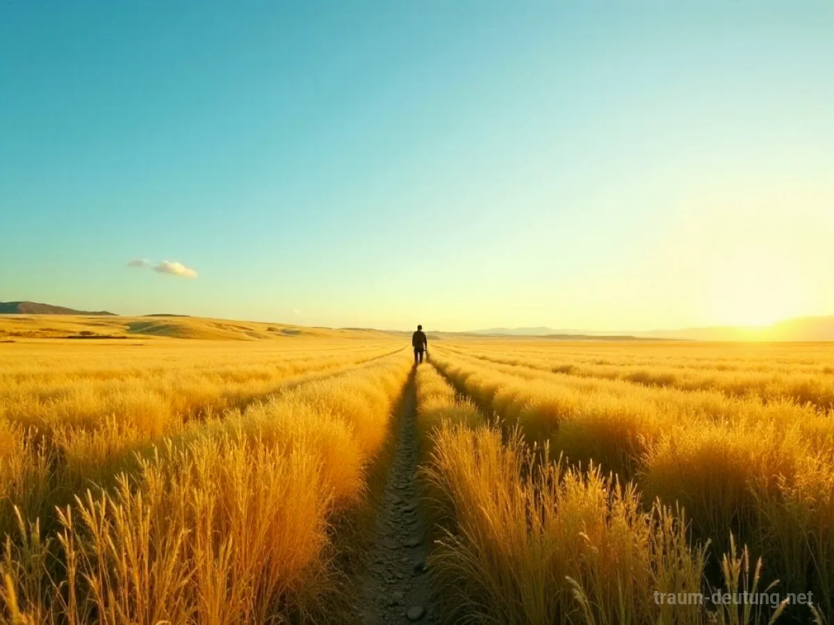 Ein weites, sonnenbeschienenes Feld mit einem einzelnen Menschen in der Ferne.