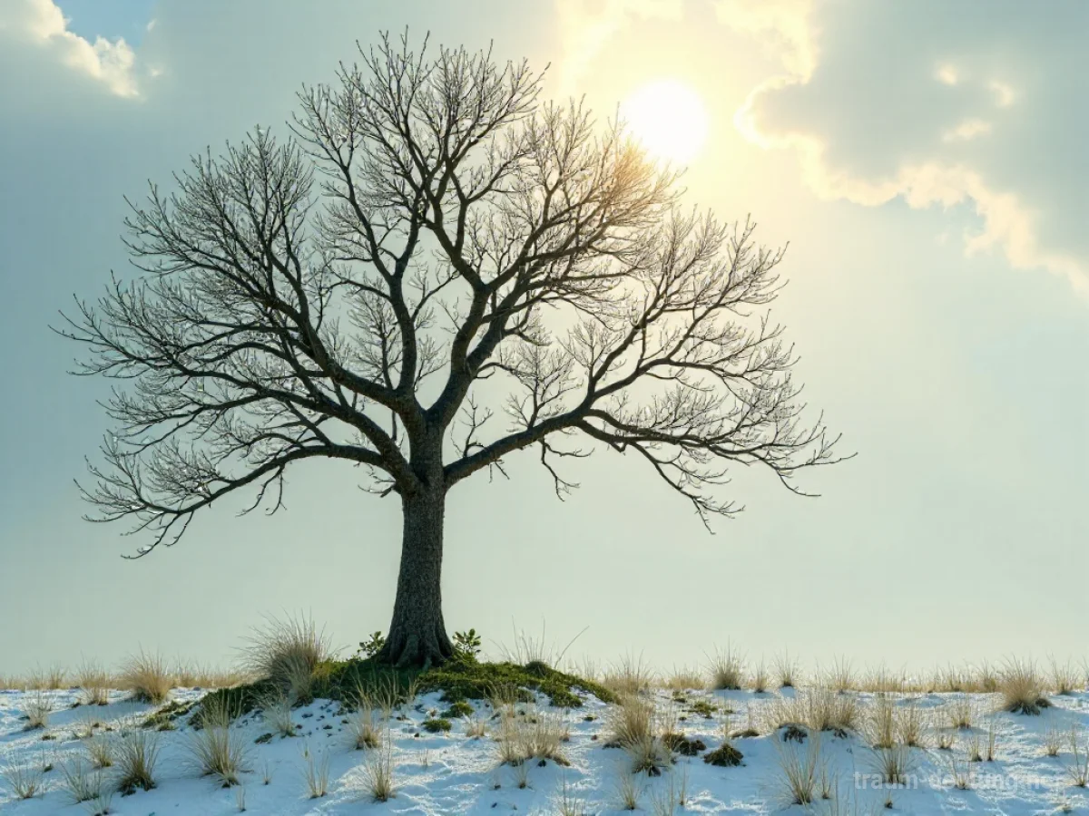 Ein kahler Baum, der beginnt, grüne Blätter zu entwickeln, mit Sonnenschein am Horizont.