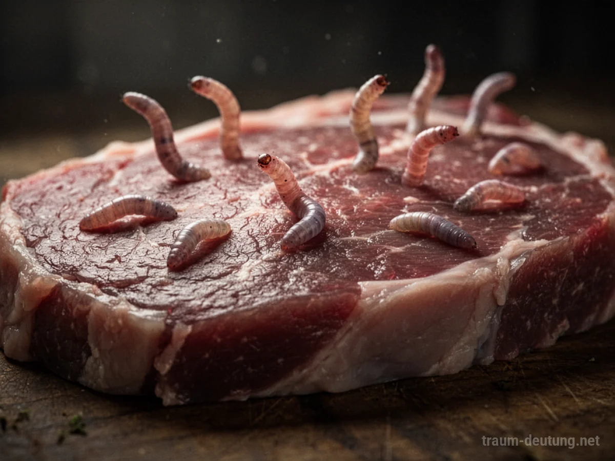 Symbolische Darstellung von rohem Fleisch mit abstrakten Wurmformen, gedämpftes Licht.