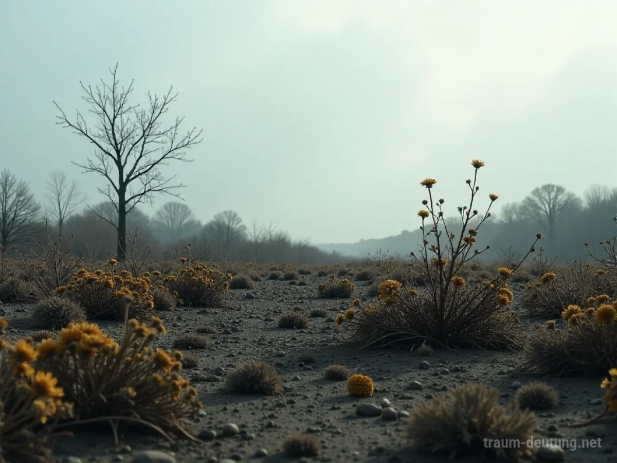 Eine verwüstete Landschaft mit welken Blumenresten unter grauem Himmel.