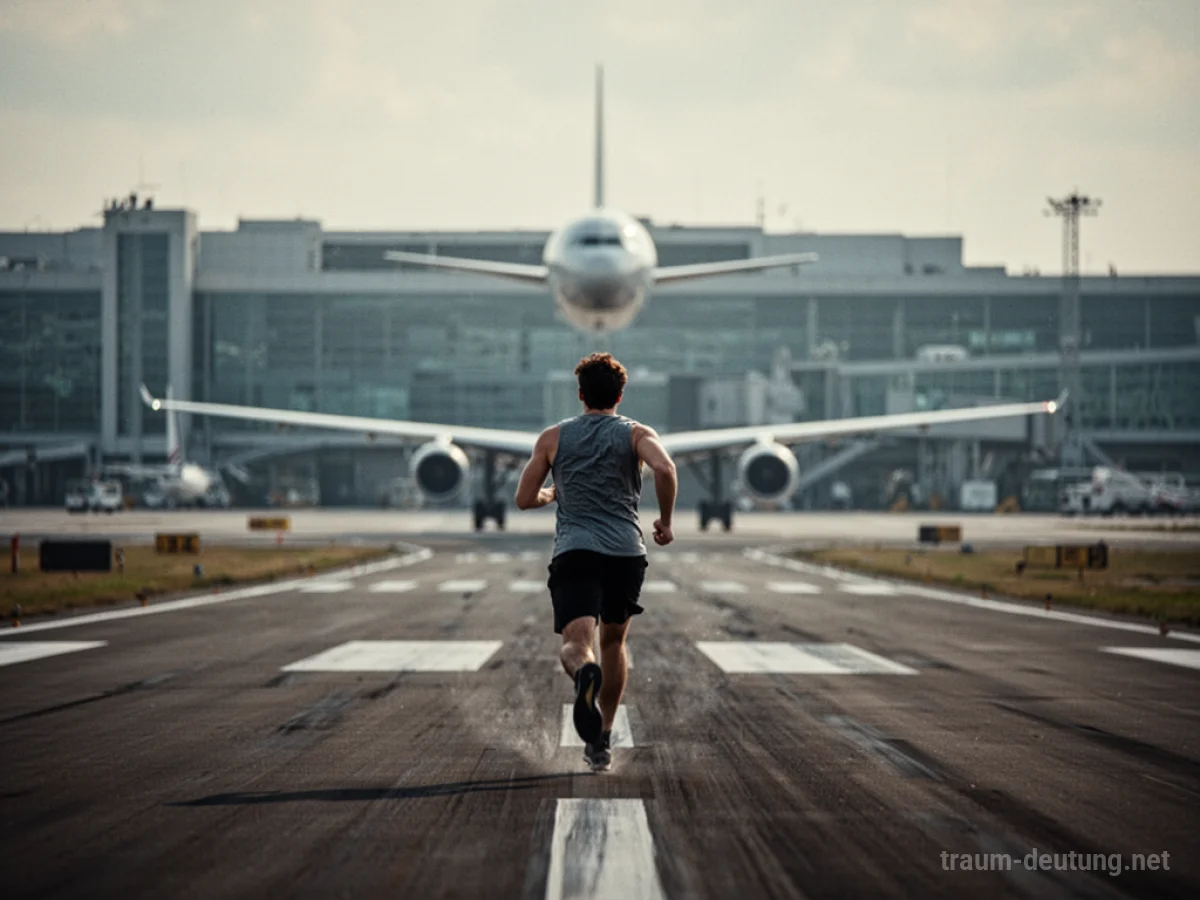 Eine Person rennt auf einem Flughafenvorplatz einem Flugzeug hinterher.