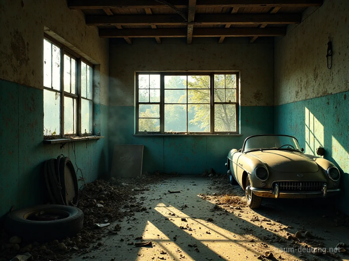 Alte, staubige Garage mit Spinnweben und zerbrochenen Fenstern.