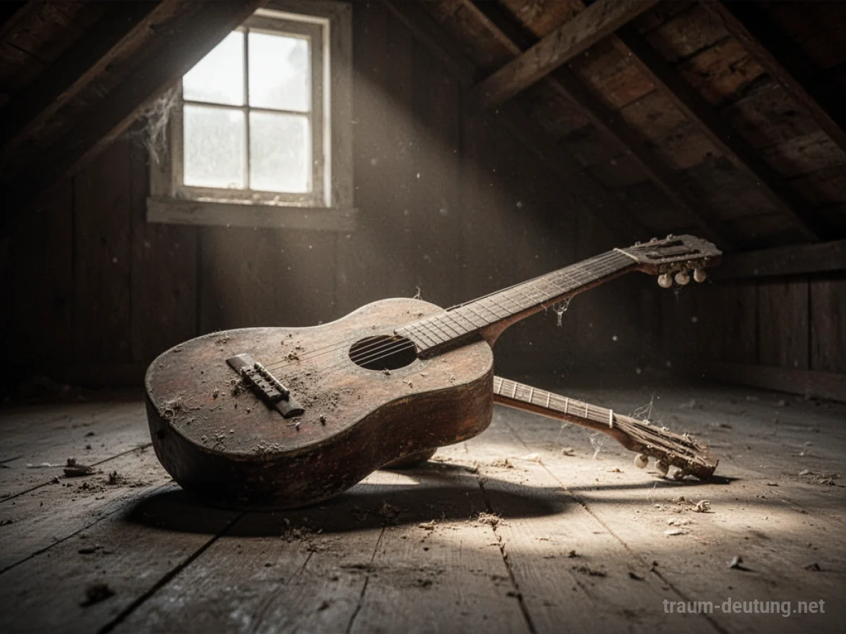 Eine alte, staubige Gitarre in einem Dachbodenlicht.